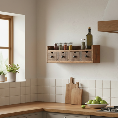 Wandboard aus Altholz mit 4 Schubladen