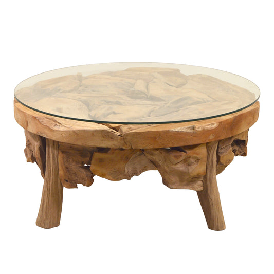 Couchtisch Akar Teak Holz mit Glasplatte - rund