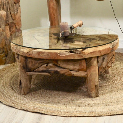 Couchtisch Akar Teak Holz mit Glasplatte - rund