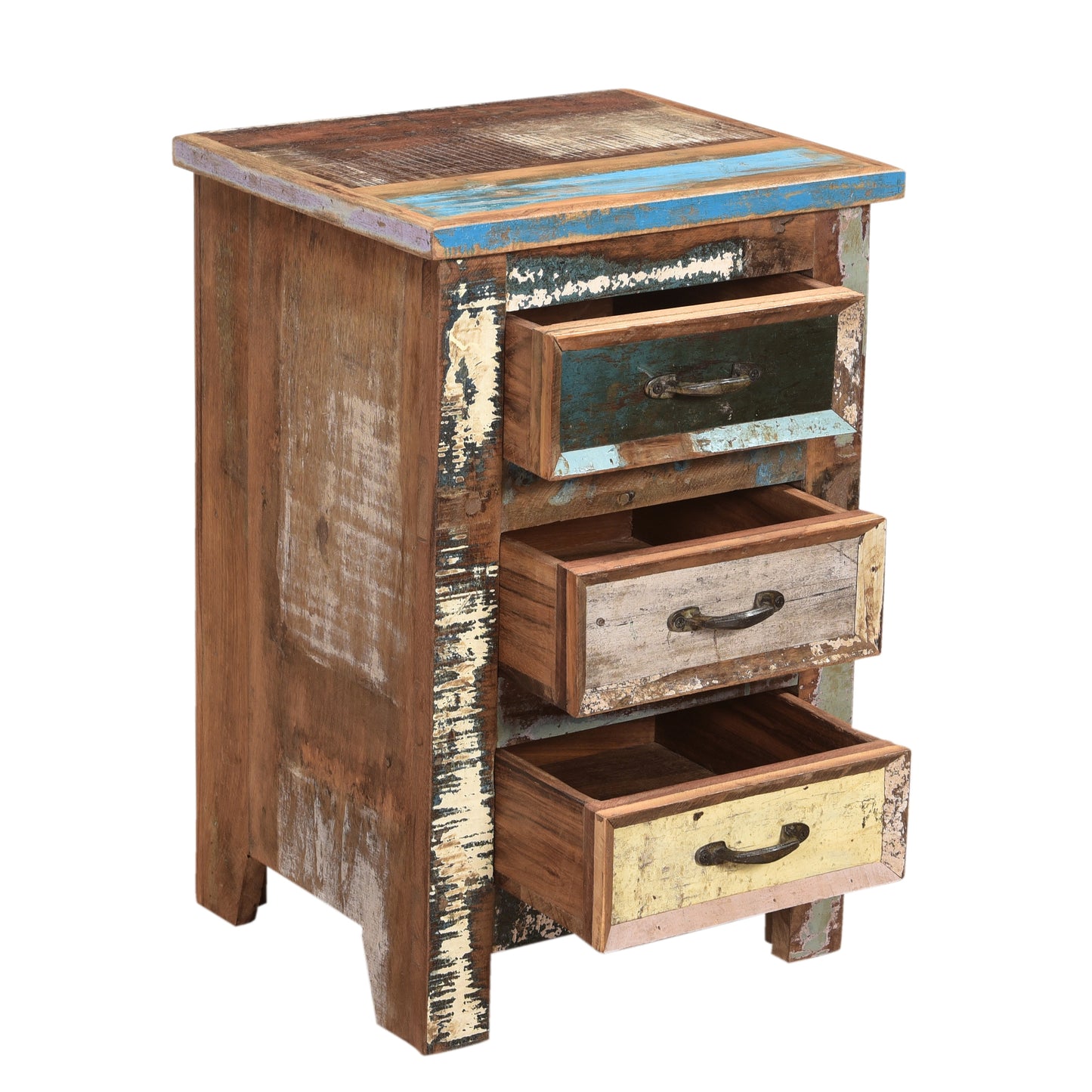 Nachtschrank aus Altholz mit Farbe