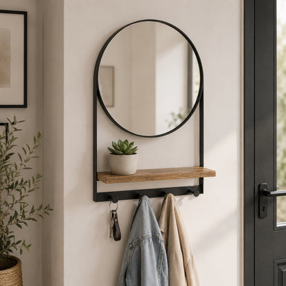 Wandspiegel 35cm mit Regal und Haken aus Mangoholz