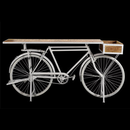 Konsole aus recyceltem Fahrrad Bartresen weiß mit Mangoholz